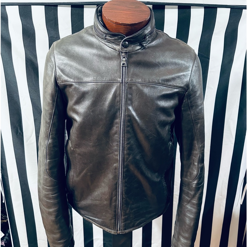 Prada Authentic Vintage 90s Rounded Collar Leather Jacket w/ Hidden Hood